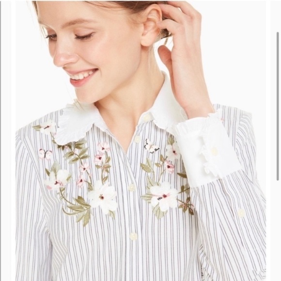 KATE SPADE Stripe Ruffle Floral Embroidered Button Down Shirt - Picture 4 of 12
